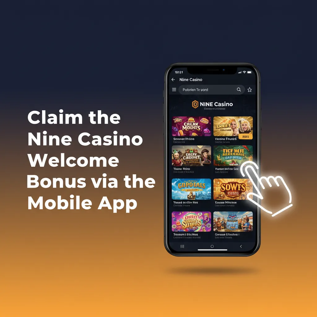Nine Casino mobile app on phone showing Promotions and steps to claim welcome bonus; £20 deposit and Free Spins.
