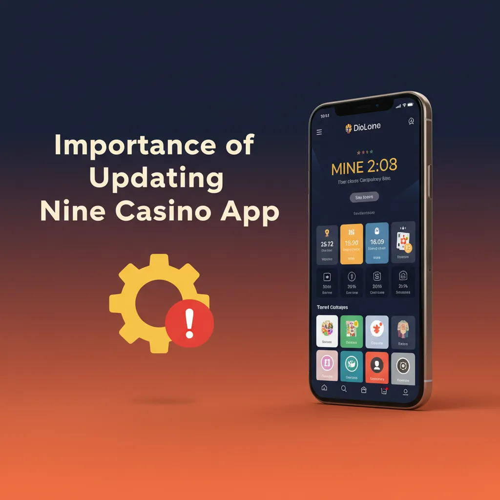 Phone showing Nine Casino app update with icons for speed, payments, security, and promos, highlighting update benefits.