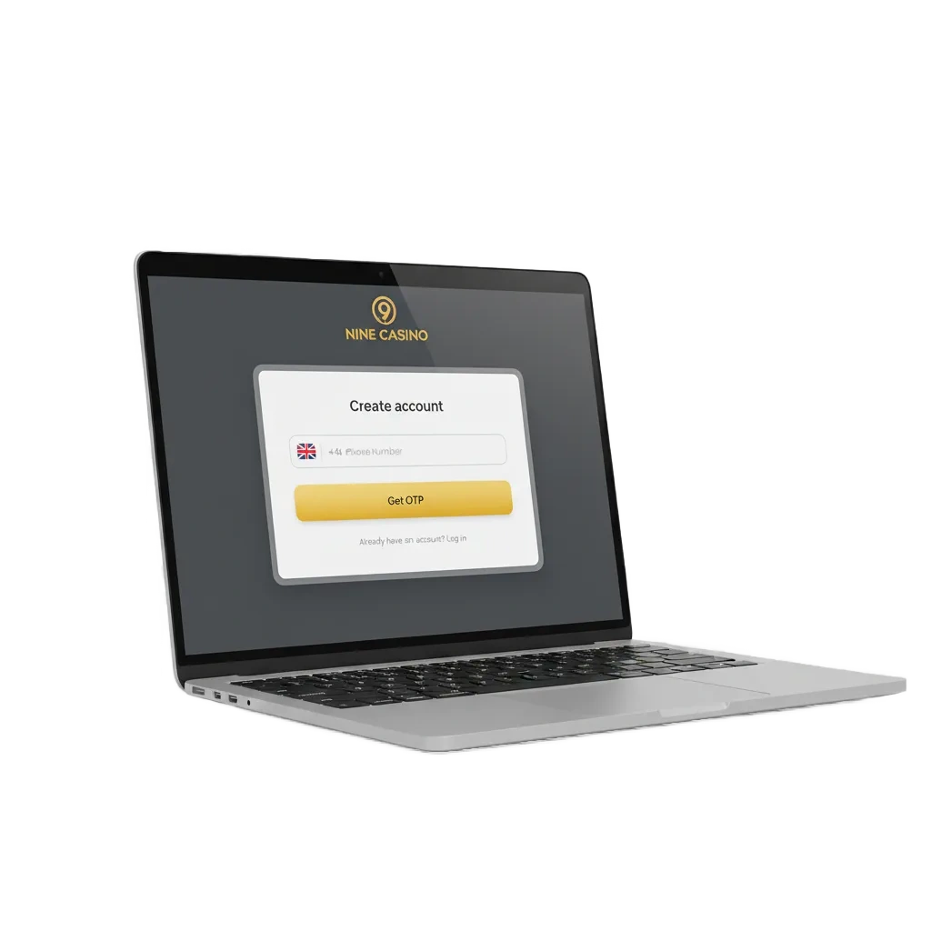 Nine Casino UK sign-up page with phone, email, social and one-click options, plus £400 welcome bonus and Free Spins.