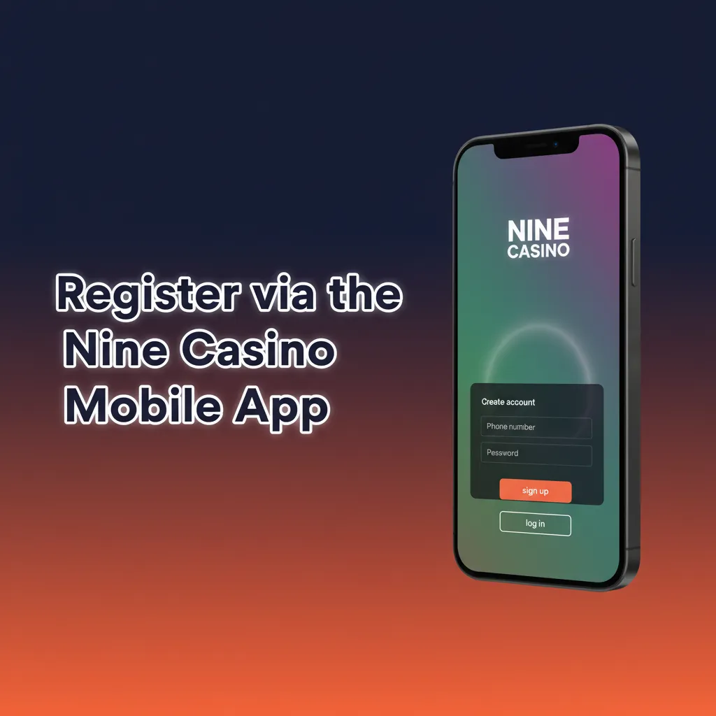 Phone screens of Nine Casino app sign-up: download, open, register, enter details, verify, sign in.