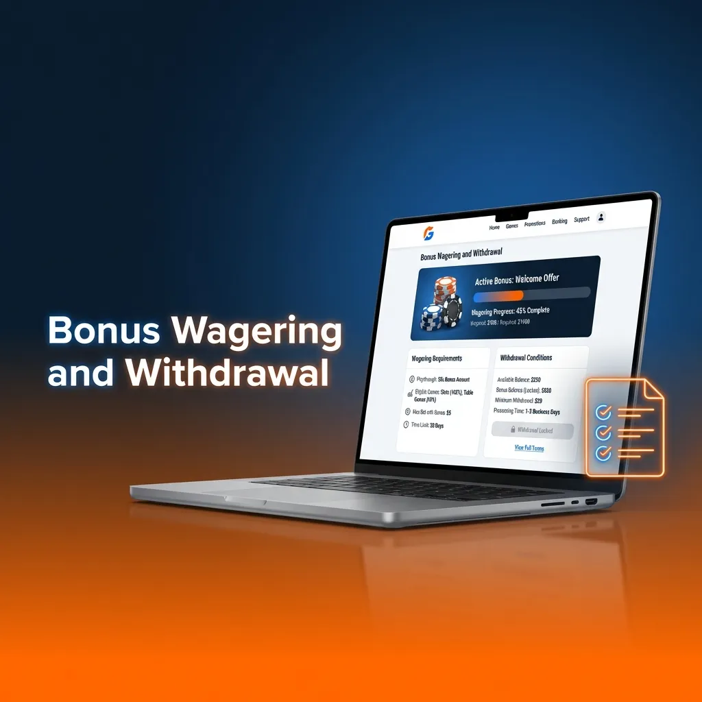 Casino bonus wagering requirements diagram showing 40x playthrough, separate bonus account, and withdrawal process
