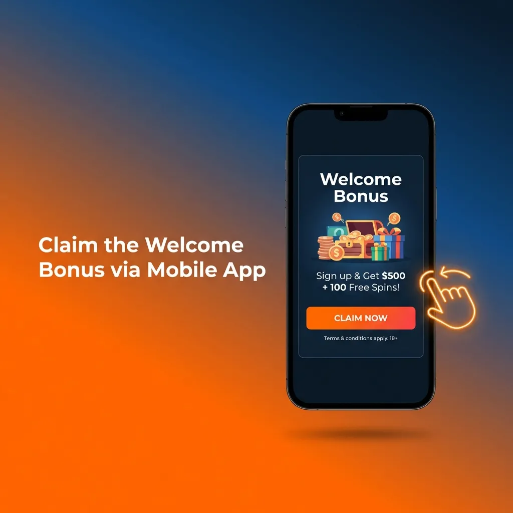 Mobile app showing welcome bonus registration and deposit screen with cashier navigation interface