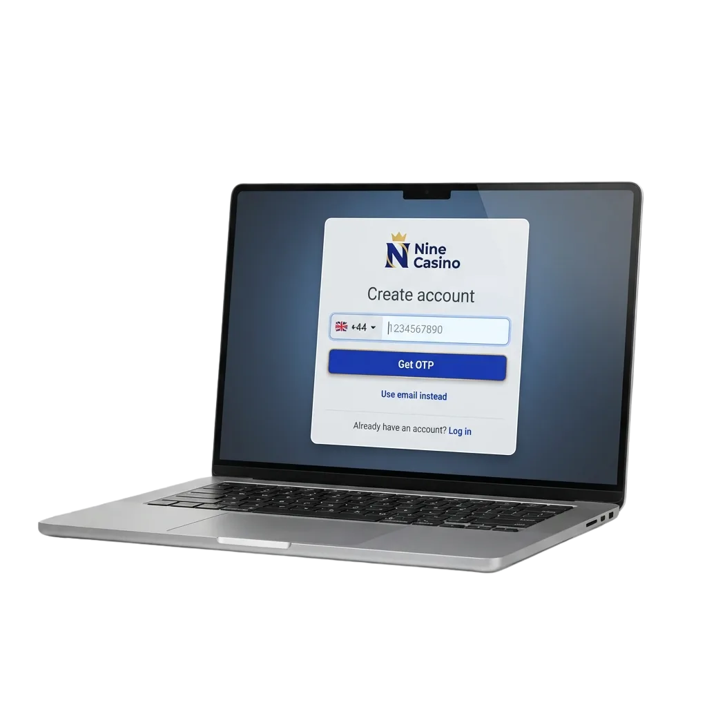 Nine Casino UK registration interface showing sign-up options including email, phone, and social media methods