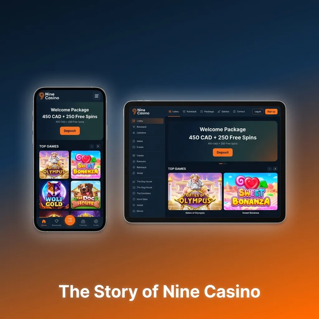 Nine Casino homepage showing gaming platform interface founded in 2021 with Curaçao license and promotional offers